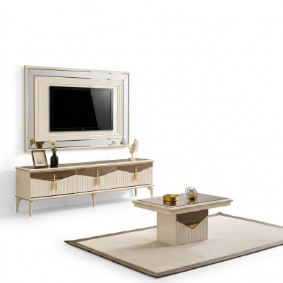 Woonkamer TV-standaard muurpaneel salontafel RTV Lowboard goud 3-delig beige