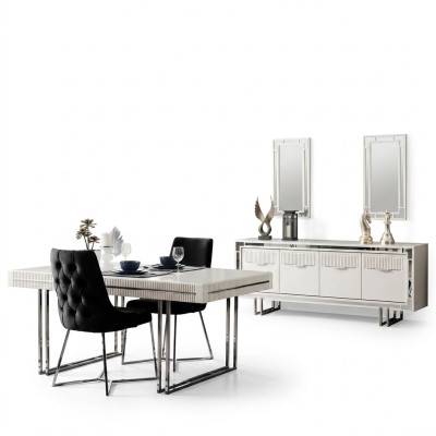 Volledige eettafel met 2 delen dressoir, uittrekbaar eettafel van wit hout.