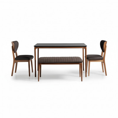 Stel eetkamer eettafel hout stoelen 4-delig bruin eethoek bank stof