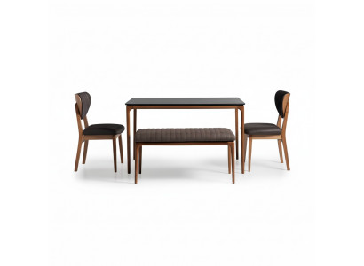 Stel eetkamer eettafel hout stoelen 4-delig bruin eethoek bank stof