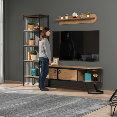 Woonkamer tv-standaard boekenplank RTV laag dressoir hout bruin set van 3 stuks.
