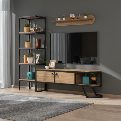 Woonkamer tv-standaard boekenplank RTV laag dressoir hout bruin set van 3 stuks.