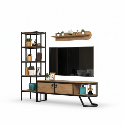 Woonkamer tv-standaard boekenplank RTV laag dressoir hout bruin set van 3 stuks.