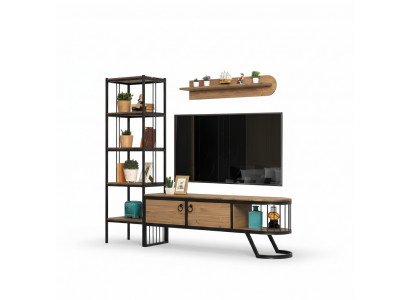 Woonkamer tv-standaard boekenplank RTV laag dressoir hout bruin set van 3 stuks.