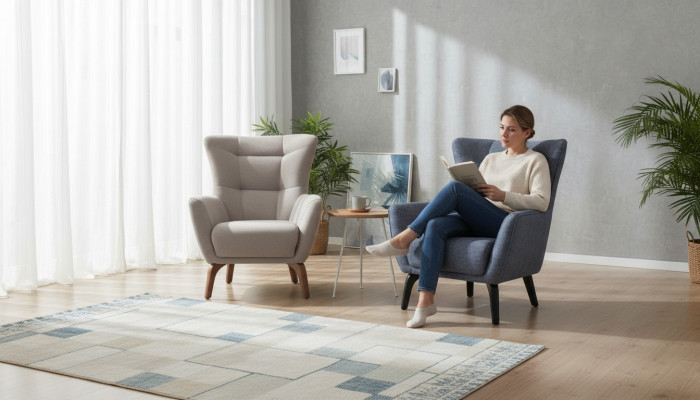 Woonkamer eenzit fauteuil oorfauteuil stoffen fauteuil grijs gestoffeerde zit.