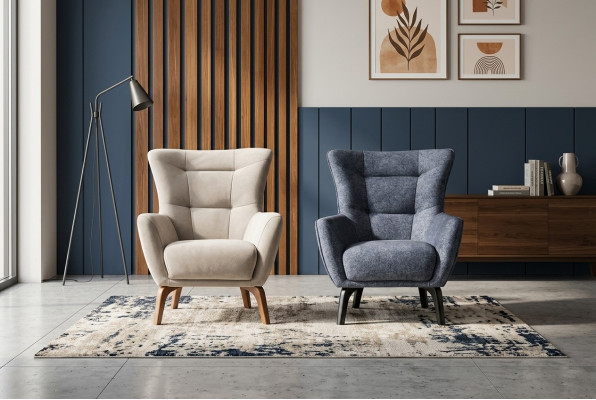 Woonkamer eenzit fauteuil oorfauteuil stoffen fauteuil grijs gestoffeerde zit.