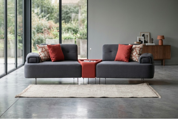Luxueuze bank stoffen sofa 2-zits tweezits grijze gestoffeerde bank tafel