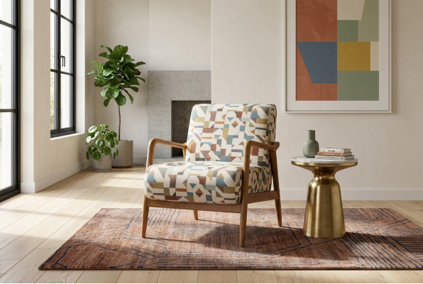 Stoffen fauteuil, fauteuil, woonkamer, oorfauteuil, meerkleurige stoffering, hout