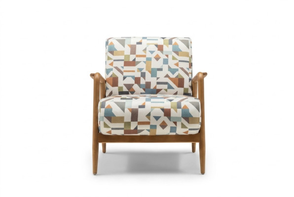 Stoffen fauteuil, fauteuil, woonkamer, oorfauteuil, meerkleurige stoffering, hout