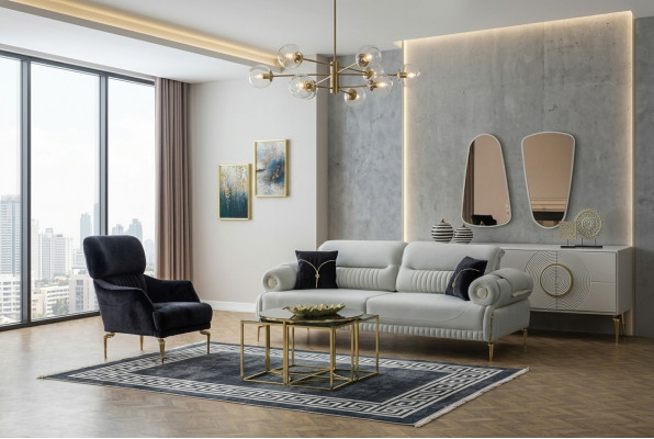 Groep banken driezitsbank fauteuil bank gestoffeerde bank stoffen bank blauw 2-delig
