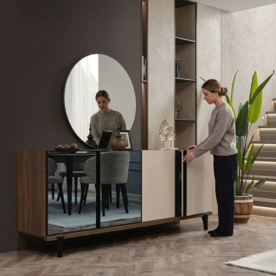 Dressoir, houten kast, ladekast, kast, bruin hout, eetkamer.