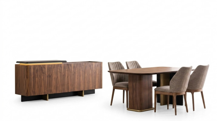 Eetkamer set eetgroep eettafel stoelen hout 8-delig bruin dressoir