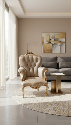Klassieke fauteuil met beige decor en Chesterfield-ontwerp voor de woonkamer.