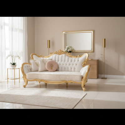 Een luxueuze en ontspannende bank in klassieke stijl met gouden patronen.