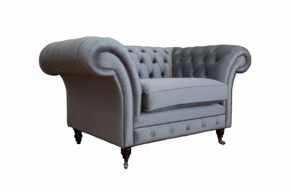 Chesterfield oorfauteuil voetenbank fauteuil bank gestoffeerde set grijs textiel