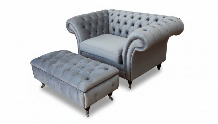 Chesterfield oorfauteuil voetenbank fauteuil bank gestoffeerde set grijs textiel