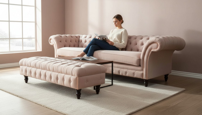 Een luxe, roze vierzitsbank in Chesterfield-ontwerp, inclusief zitkussens.