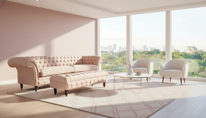 Een luxe, roze vierzitsbank in Chesterfield-ontwerp, inclusief zitkussens.