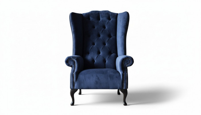 Chesterfield design fauteuil bekleding luxe blauw textiel bank oorfauteuil