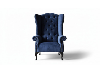 Chesterfield design fauteuil bekleding luxe blauw textiel bank oorfauteuil