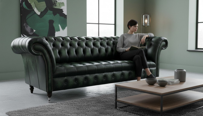 Chesterfield Bank Bank Bekleding 3-zits Leren Bank Groene Zithoek Nieuw
