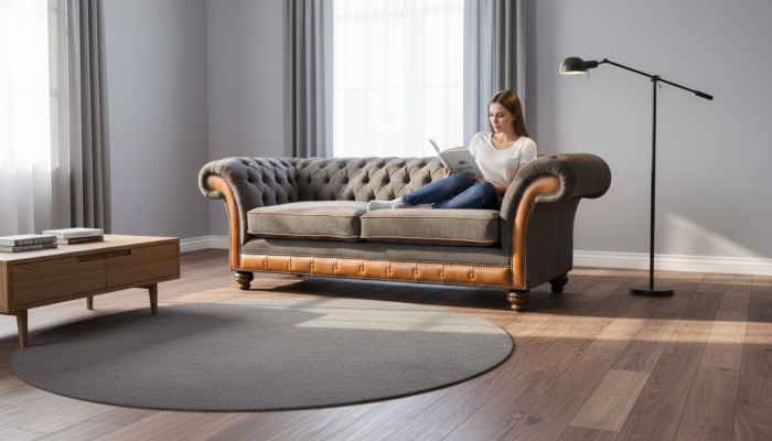 Chesterfield bank 3-zits designbank gestoffeerd in grijs stof.