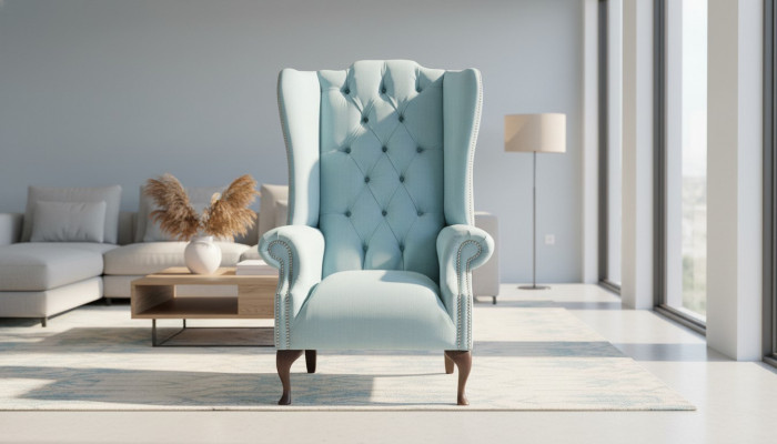Babyblauwe oorfauteuil Fauteuil Ontwerp Bekleding Bank Bank Chesterfield Stof Nieuw