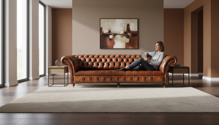 Bankstel 4-zits Chesterfield design Luxe bank Gestoffeerde bank Nieuw Bruin