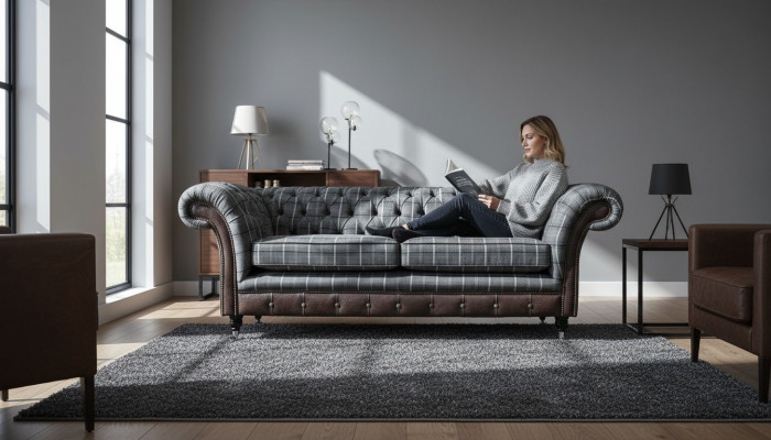 Bankstel 3-zits bankstellen textiel banken design meubels driezits grijs Chesterfield