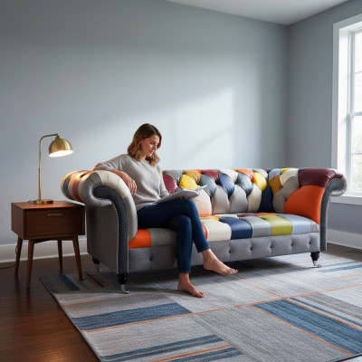 Chesterfield 3-zits stoffen designbank gestoffeerd textiel Moderne bank Nieuw