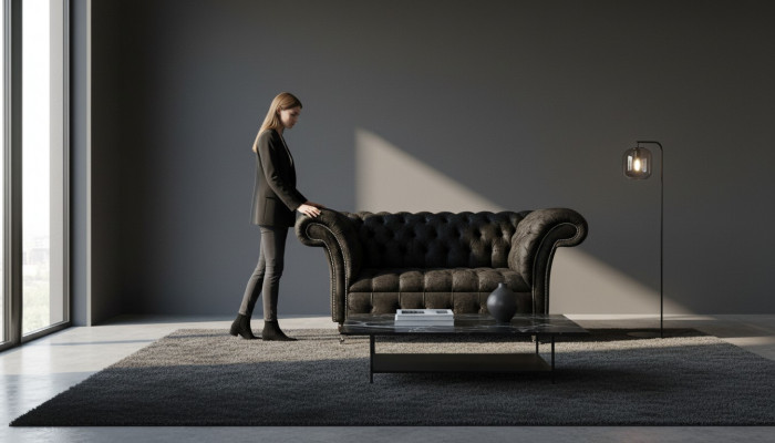 Chesterfield fauteuil ontwerp gestoffeerde bank zwart textiel stof lounge.