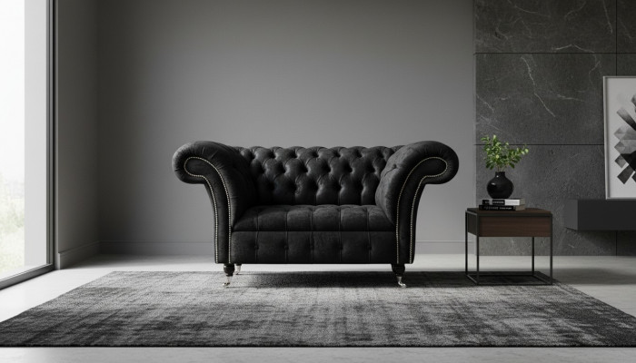 Chesterfield fauteuil ontwerp gestoffeerde bank zwart textiel stof lounge.