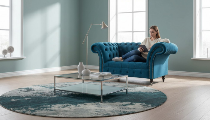 Chesterfield fauteuil ontwerp gestoffeerde bank blauw textiel meubels