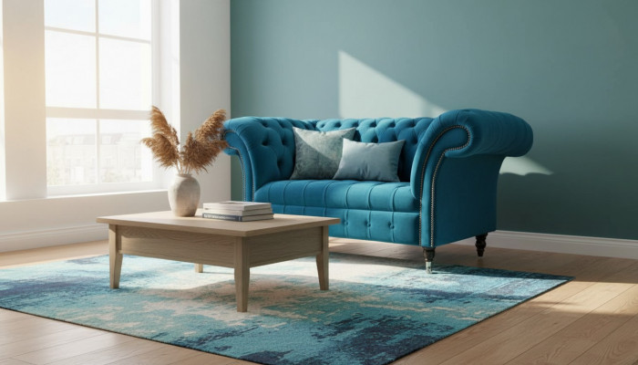 Chesterfield fauteuil ontwerp gestoffeerde bank blauw textiel meubels