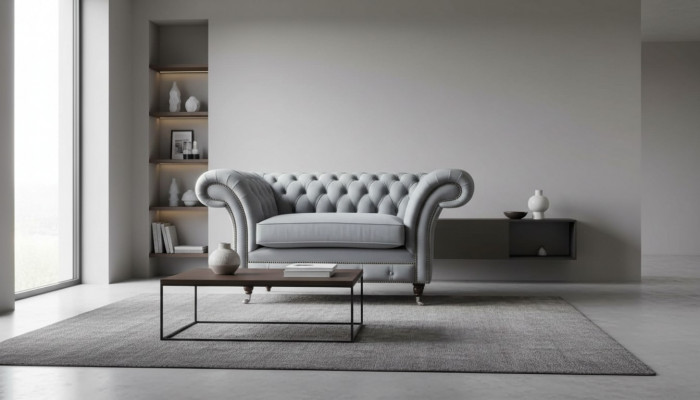 Chesterfield fauteuil textiel bank stof bank banken lounge grijs.