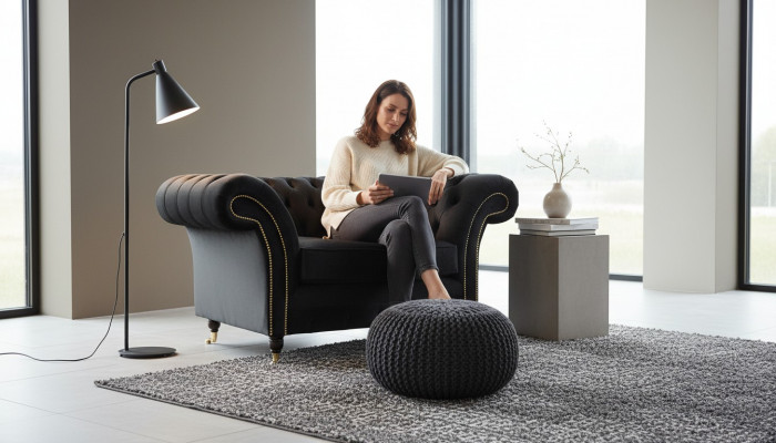 Chesterfield fauteuil Lounge Zwart Bank Bankstel Modern Stof Nieuw