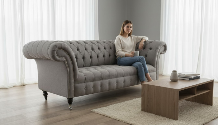 Chesterfield 3-zits gestoffeerde bank bank banken textiel moderne stijl grijs