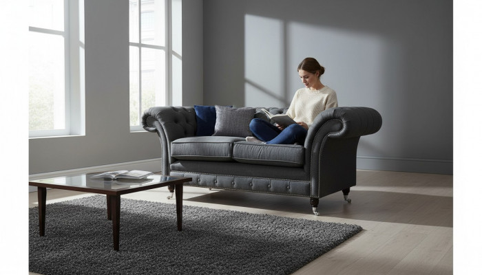 Chesterfield bank 2-zits bank gestoffeerd stoffen bank Grijs textiel Nieuw