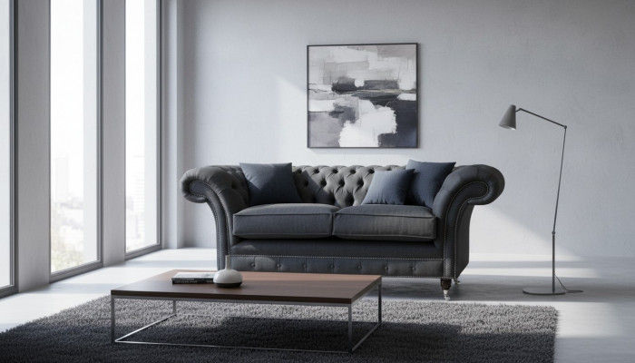 Chesterfield bank 2-zits bank gestoffeerd stoffen bank Grijs textiel Nieuw