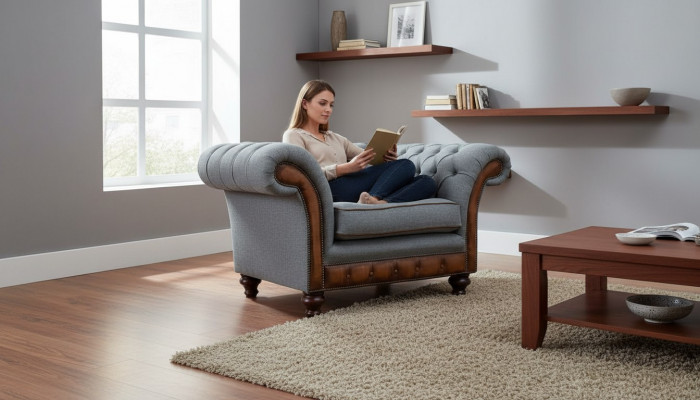 Fauteuil Ontwerp Relax Stof Lounge Luxe Grijs Bekleding Zitter Chesterfield