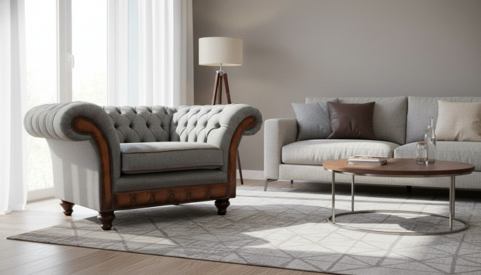 Fauteuil Ontwerp Relax Stof Lounge Luxe Grijs Bekleding Zitter Chesterfield
