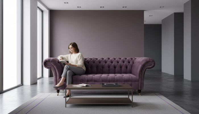 Moderne Chesterfield bank bank bekleding 3-zits paarse textielstof banken nieuw