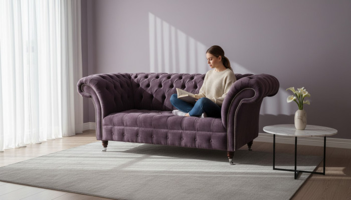 Chesterfield bank bankontwerp paars gestoffeerd textiel tweezitter nieuw