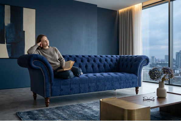 Chesterfield Design Luxe gestoffeerde bank 3-zits Blauw Textiel Nieuw