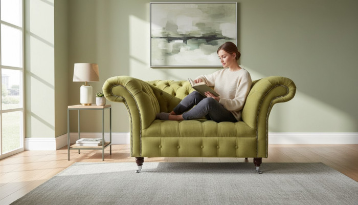 Chesterfield fauteuil textiel ontwerp bank stof banken gestoffeerde grijs nieuw