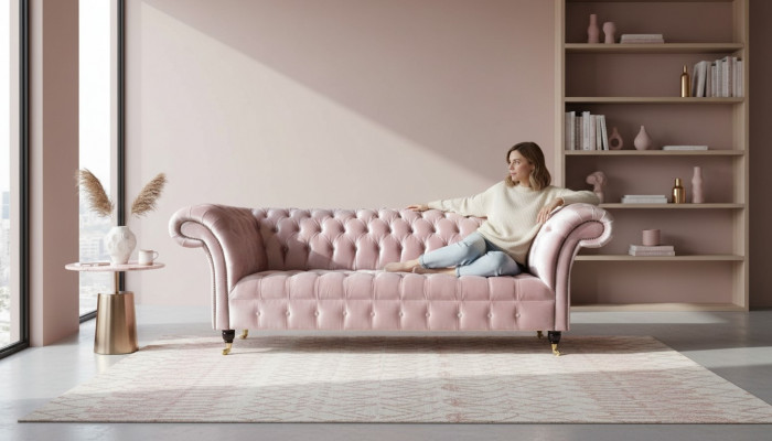 Chesterfield 3-zits bank stoffen bank roze woonkamer gestoffeerde banken nieuw