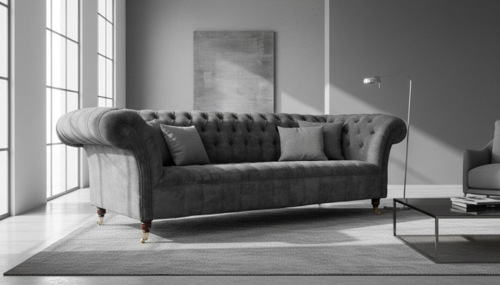 Chesterfield 3-zits bank bekleden zit textiel stof grijs banken bank