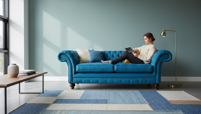 Chesterfield Bank 3-zits Bankstel Stoffen Banken Stof Woonkamer Blauw Textiel