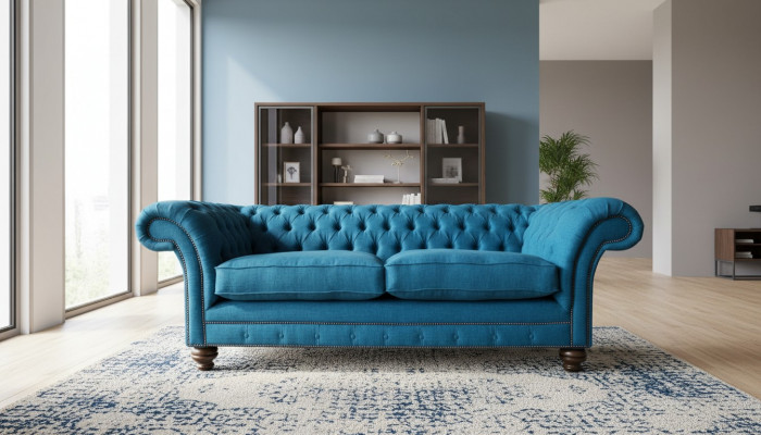 Chesterfield Bank 3-zits Bankstel Stoffen Banken Stof Woonkamer Blauw Textiel