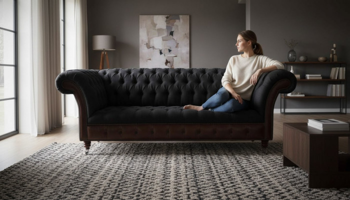 Chesterfield 3-zits bank bank leer bekleding zit stof zwart Nieuw